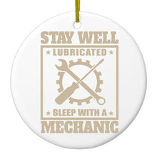 DistinctInk® Hanging Ceramic Christmas Tree Ornament with Gold String - Great Gift / Present - 2 3/4 inch Diameter - Stay Well Lubricated Sleep With a Mechanic