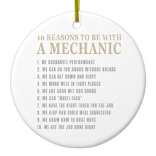 DistinctInk® Hanging Ceramic Christmas Tree Ornament with Gold String - Great Gift / Present - 2 3/4 inch Diameter - 10 Reasons to Be With a Mechanic