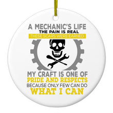 DistinctInk® Hanging Ceramic Christmas Tree Ornament with Gold String - Great Gift / Present - 2 3/4 inch Diameter - Mechanic's Life Pain Is Real Pride Respect