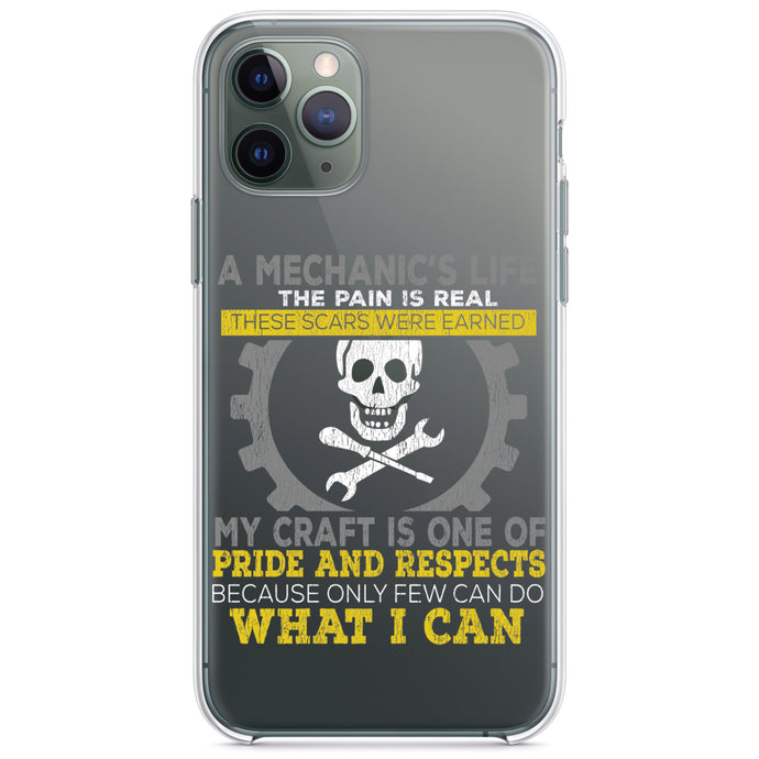 DistinctInk® Clear Shockproof Hybrid Case for Apple iPhone / Samsung Galaxy / Google Pixel - Mechanic's Life Pain Is Real Pride Respect