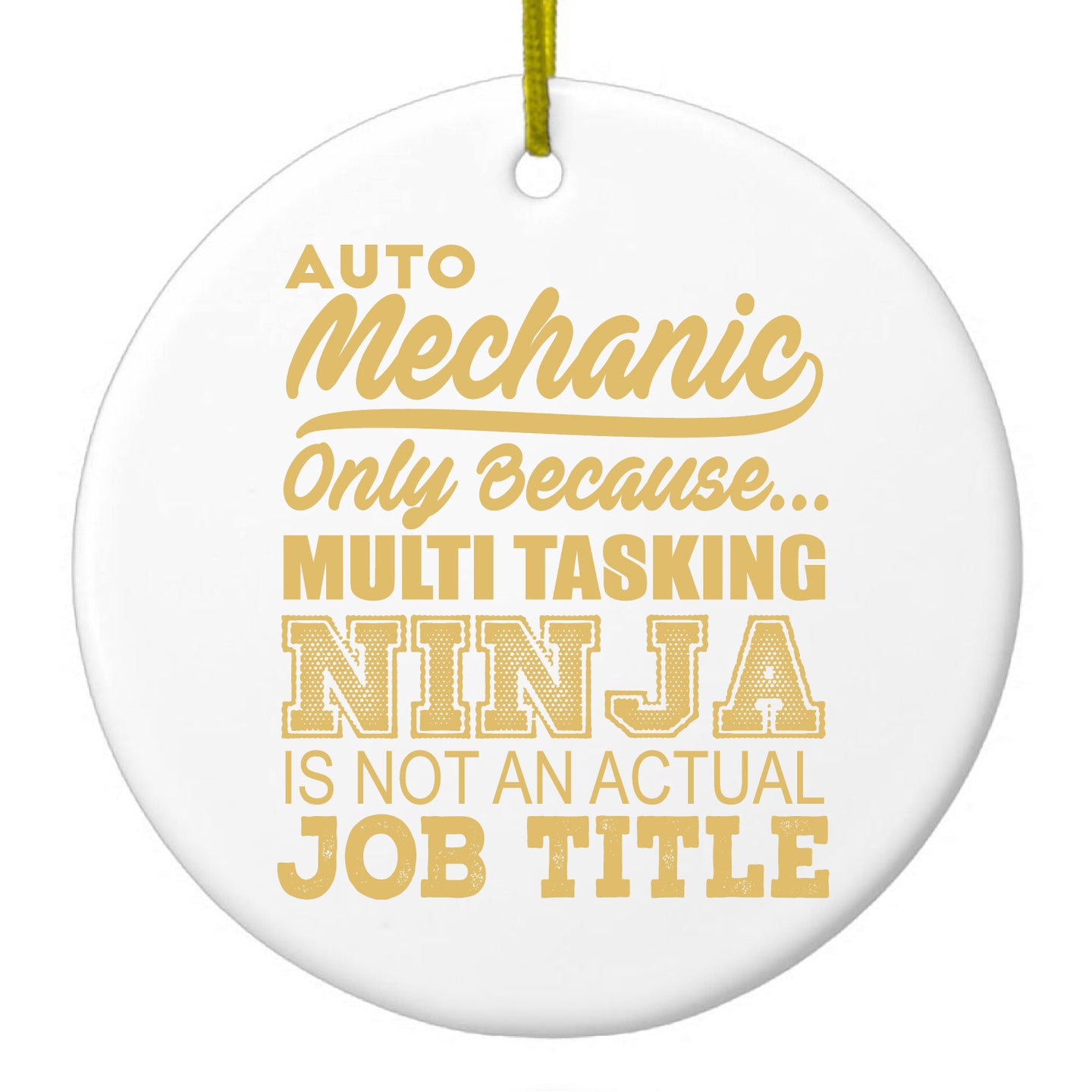 DistinctInk® Hanging Ceramic Christmas Tree Ornament with Gold String - Great Gift / Present - 2 3/4 inch Diameter - Auto Mechanic Multi Tasking Ninja