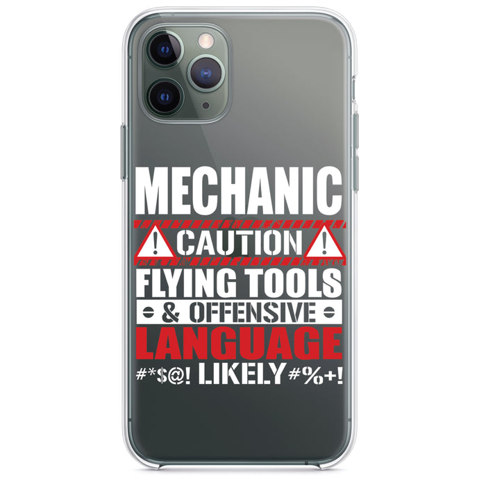 DistinctInk® Clear Shockproof Hybrid Case for Apple iPhone / Samsung Galaxy / Google Pixel - Mechanic Flying Tools & Offensive Language