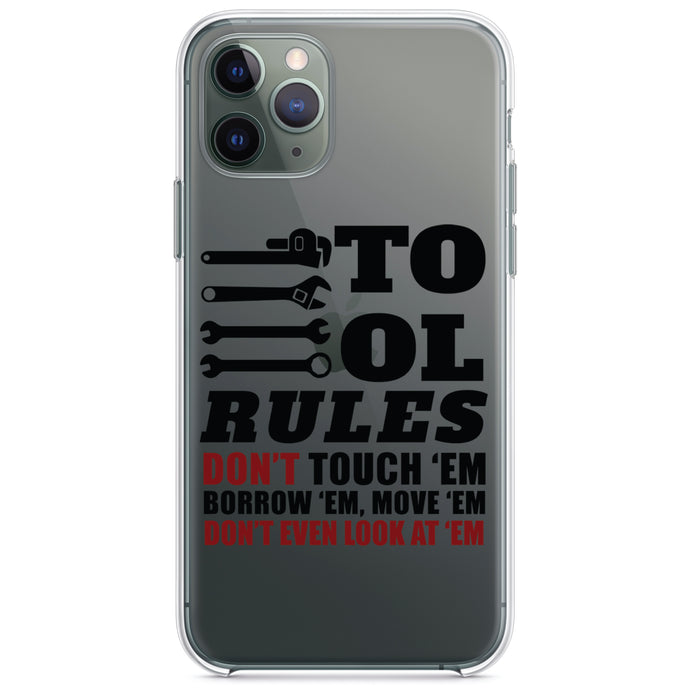 DistinctInk® Clear Shockproof Hybrid Case for Apple iPhone / Samsung Galaxy / Google Pixel - Tool Rules Don't Touch Borrow Move Look