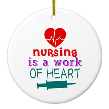 DistinctInk® Hanging Ceramic Christmas Tree Ornament with Gold String - Great Gift / Present - 2 3/4 inch Diameter - Nursing is a Work of Heart