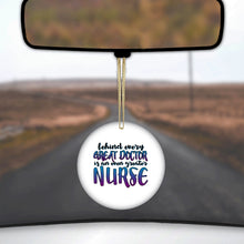 DistinctInk® Hanging Ceramic Christmas Tree Ornament with Gold String - Great Gift / Present - 2 3/4 inch Diameter - Behind Every Great Doctor Even Greater Nurse