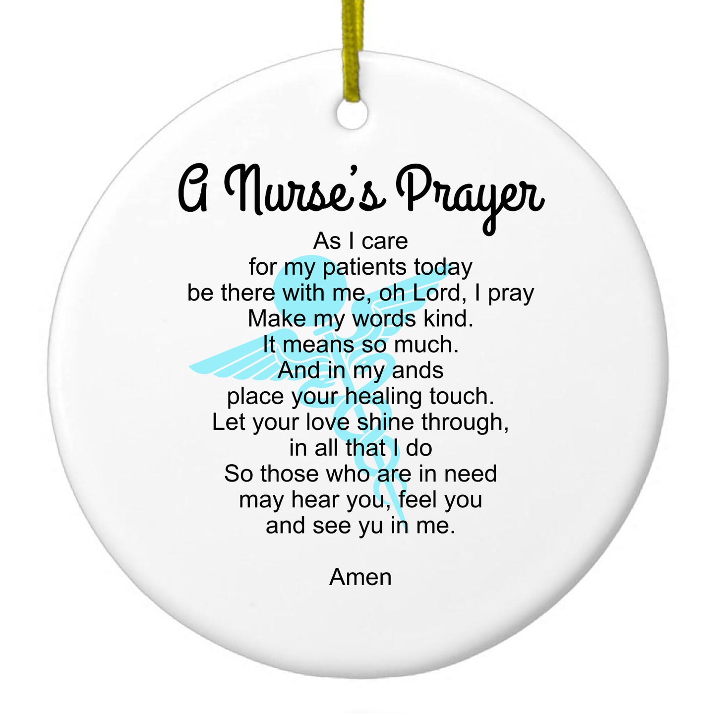 DistinctInk® Hanging Ceramic Christmas Tree Ornament with Gold String - Great Gift / Present - 2 3/4 inch Diameter - A Nurse's Prayer