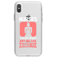 DistinctInk® Clear Shockproof Hybrid Case for Apple iPhone / Samsung Galaxy / Google Pixel - Nurses Can't Fix Stupid But Can Sedate It