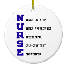 DistinctInk® Hanging Ceramic Christmas Tree Ornament with Gold String - Great Gift / Present - 2 3/4 inch Diameter - Nurse Never Gives Up