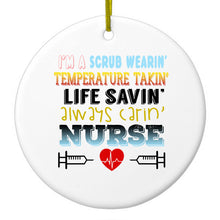 DistinctInk® Hanging Ceramic Christmas Tree Ornament with Gold String - Great Gift / Present - 2 3/4 inch Diameter - Scrub Wearing Temp Taking Life Saving Nurse