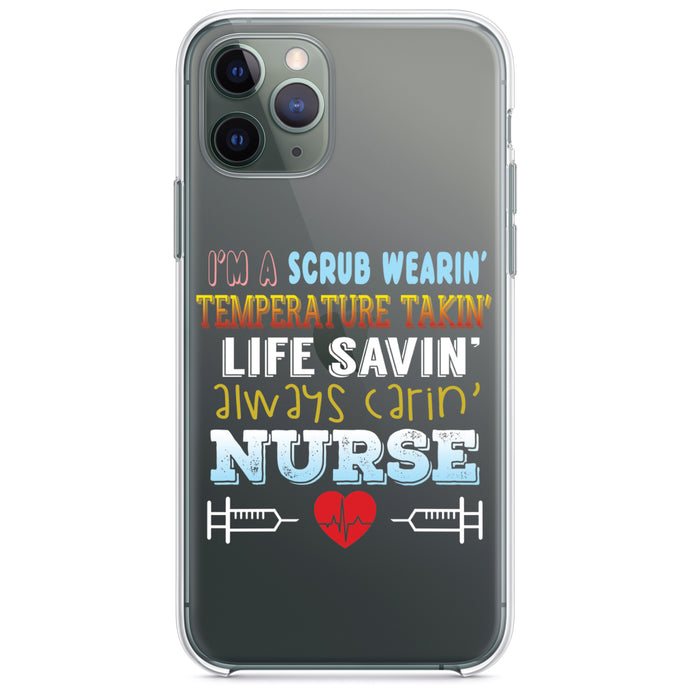 DistinctInk® Clear Shockproof Hybrid Case for Apple iPhone / Samsung Galaxy / Google Pixel - Scrub Wearing Temp Taking Life Saving Nurse