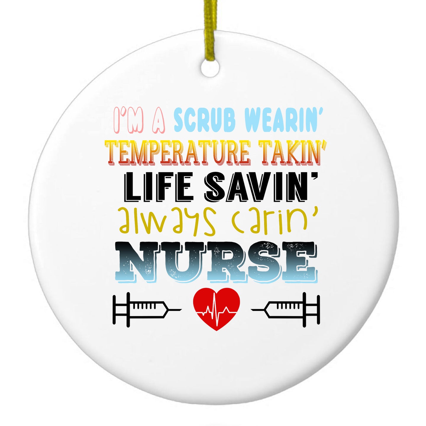 DistinctInk® Hanging Ceramic Christmas Tree Ornament with Gold String - Great Gift / Present - 2 3/4 inch Diameter - Scrub Wearing Temp Taking Life Saving Nurse