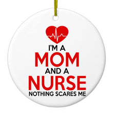 DistinctInk® Hanging Ceramic Christmas Tree Ornament with Gold String - Great Gift / Present - 2 3/4 inch Diameter - Mom and a Nurse Nothing Scares Me
