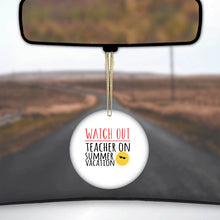 DistinctInk® Hanging Ceramic Christmas Tree Ornament with Gold String - Great Gift / Present - 2 3/4 inch Diameter - Watch Out Teacher on Summer Vacation