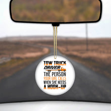DistinctInk® Hanging Ceramic Christmas Tree Ornament with Gold String - Great Gift / Present - 2 3/4 inch Diameter - Tow Truck Driver Your Girl Calls Hook Up