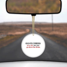 DistinctInk® Hanging Ceramic Christmas Tree Ornament with Gold String - Great Gift / Present - 2 3/4 inch Diameter - Old Plumbers Never Die - Down the Drain