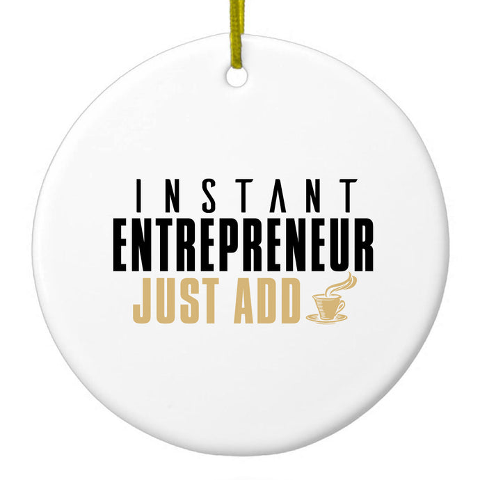 DistinctInk® Hanging Ceramic Christmas Tree Ornament with Gold String - Great Gift / Present - 2 3/4 inch Diameter - Instant Entrepreneur Just Add Coffee