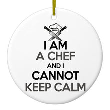 DistinctInk® Hanging Ceramic Christmas Tree Ornament with Gold String - Great Gift / Present - 2 3/4 inch Diameter - I Am the Chef Cannot Keep Calm
