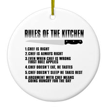DistinctInk® Hanging Ceramic Christmas Tree Ornament with Gold String - Great Gift / Present - 2 3/4 inch Diameter - Rules of the Kitchen - Chef Is Right