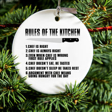 DistinctInk® Hanging Ceramic Christmas Tree Ornament with Gold String - Great Gift / Present - 2 3/4 inch Diameter - Rules of the Kitchen - Chef Is Right