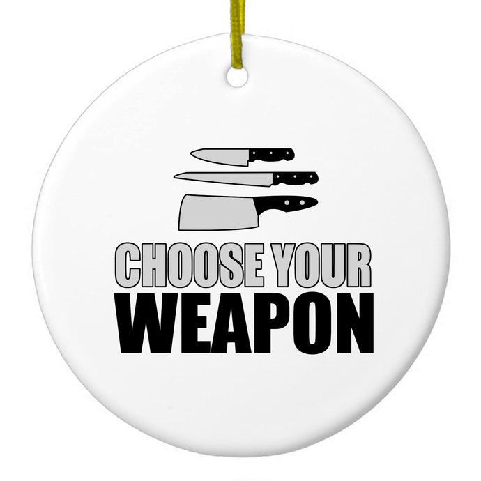 DistinctInk® Hanging Ceramic Christmas Tree Ornament with Gold String - Great Gift / Present - 2 3/4 inch Diameter - Choose Your Weapon - Chef Knives
