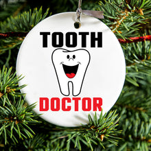 DistinctInk® Hanging Ceramic Christmas Tree Ornament with Gold String - Great Gift / Present - 2 3/4 inch Diameter - Tooth Doctor Dentist