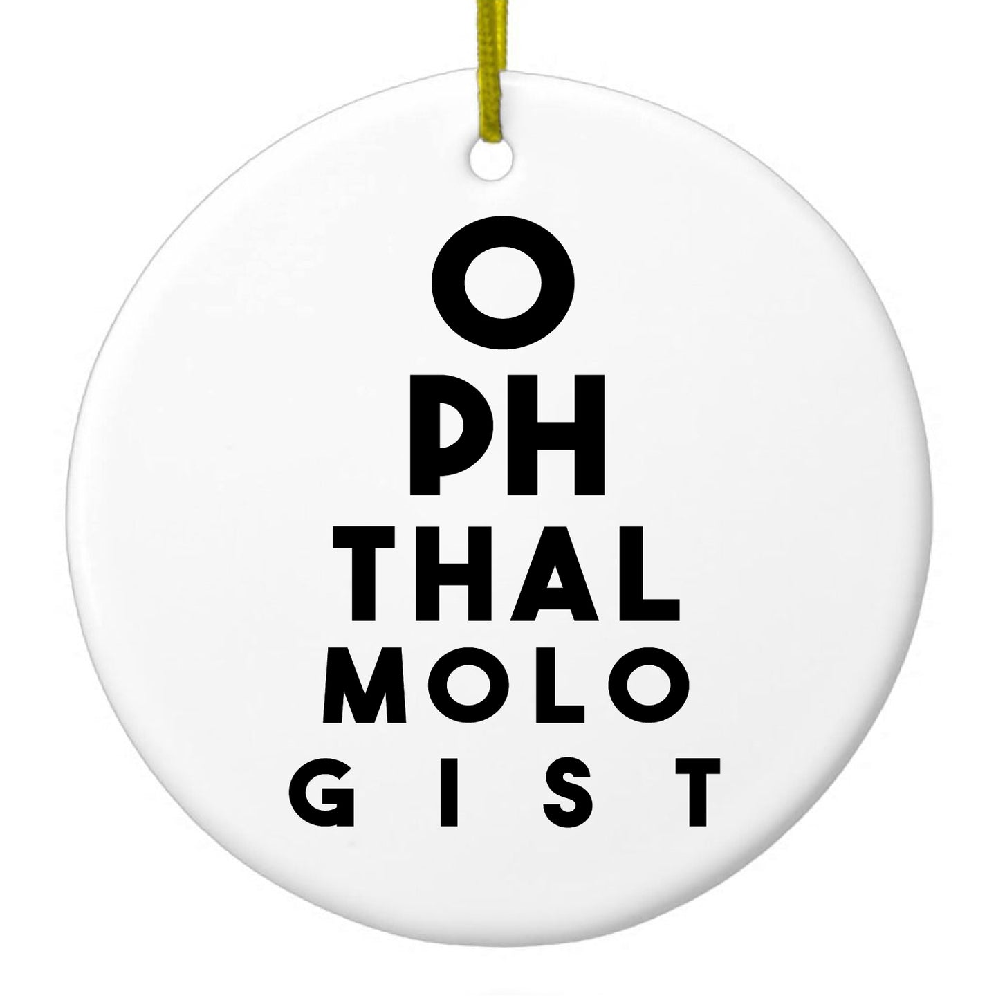 DistinctInk® Hanging Ceramic Christmas Tree Ornament with Gold String - Great Gift / Present - 2 3/4 inch Diameter - Ophthalmologist Eye Chart