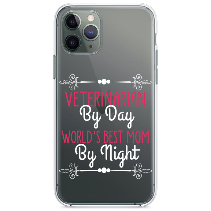 DistinctInk® Clear Shockproof Hybrid Case for Apple iPhone / Samsung Galaxy / Google Pixel - Vet By Day, Best Mom By Night