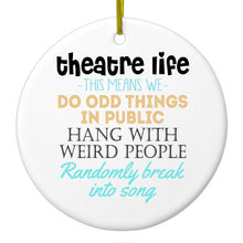 DistinctInk® Hanging Ceramic Christmas Tree Ornament with Gold String - Great Gift / Present - 2 3/4 inch Diameter - Theatre Life - Odd Things in Public