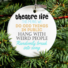 DistinctInk® Hanging Ceramic Christmas Tree Ornament with Gold String - Great Gift / Present - 2 3/4 inch Diameter - Theatre Life - Odd Things in Public