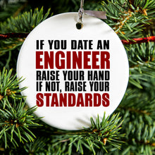 DistinctInk® Hanging Ceramic Christmas Tree Ornament with Gold String - Great Gift / Present - 2 3/4 inch Diameter - Date Engineer or Raise Your Standards