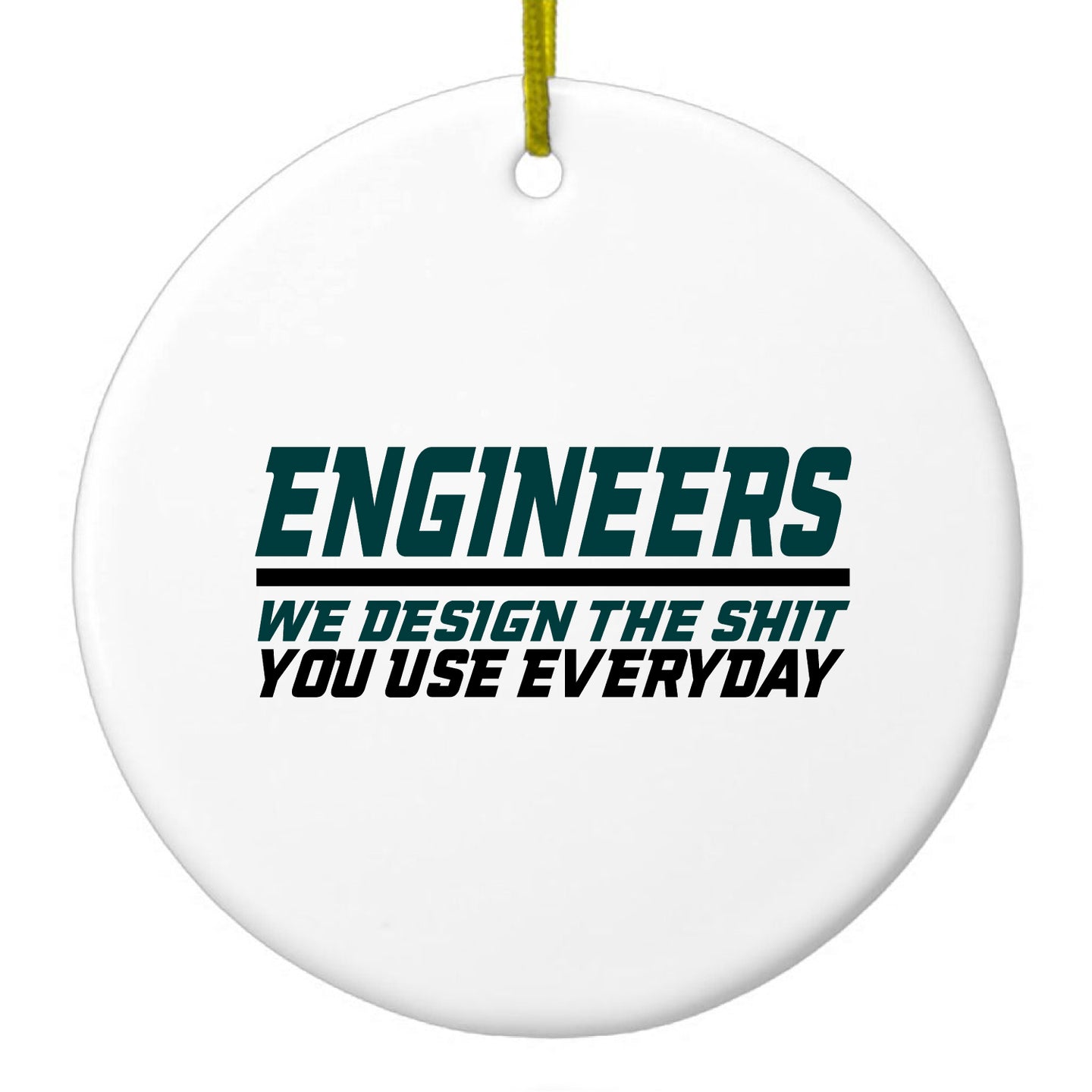 DistinctInk® Hanging Ceramic Christmas Tree Ornament with Gold String - Great Gift / Present - 2 3/4 inch Diameter - Engineers Design What You Use Everyday