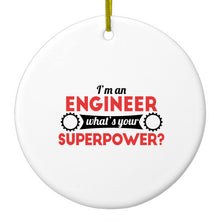 DistinctInk® Hanging Ceramic Christmas Tree Ornament with Gold String - Great Gift / Present - 2 3/4 inch Diameter - I'm an Engineer What's Your Superpower