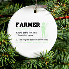 DistinctInk® Hanging Ceramic Christmas Tree Ornament with Gold String - Great Gift / Present - 2 3/4 inch Diameter - Farmer Definition - Few Who Feeds Many
