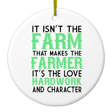 DistinctInk® Hanging Ceramic Christmas Tree Ornament with Gold String - Great Gift / Present - 2 3/4 inch Diameter - Hard Work & Character Make the Farmer
