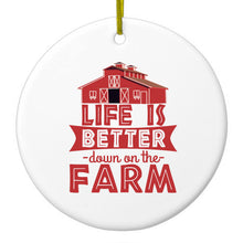 DistinctInk® Hanging Ceramic Christmas Tree Ornament with Gold String - Great Gift / Present - 2 3/4 inch Diameter - Life is Better Down on the Farm