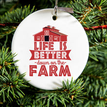 DistinctInk® Hanging Ceramic Christmas Tree Ornament with Gold String - Great Gift / Present - 2 3/4 inch Diameter - Life is Better Down on the Farm