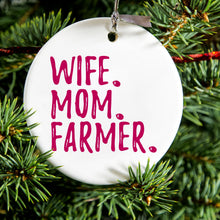 DistinctInk® Hanging Ceramic Christmas Tree Ornament with Gold String - Great Gift / Present - 2 3/4 inch Diameter - Wife. Mom. Farmer.