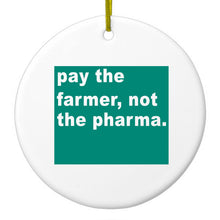 DistinctInk® Hanging Ceramic Christmas Tree Ornament with Gold String - Great Gift / Present - 2 3/4 inch Diameter - Pay the Farmer, Not the Pharma.