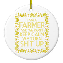 DistinctInk® Hanging Ceramic Christmas Tree Ornament with Gold String - Great Gift / Present - 2 3/4 inch Diameter - I'm a Farmer and We Don't Keep Calm