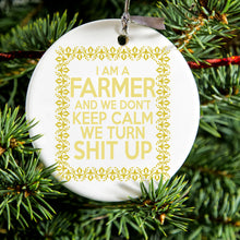 DistinctInk® Hanging Ceramic Christmas Tree Ornament with Gold String - Great Gift / Present - 2 3/4 inch Diameter - I'm a Farmer and We Don't Keep Calm