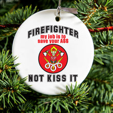 DistinctInk® Hanging Ceramic Christmas Tree Ornament with Gold String - Great Gift / Present - 2 3/4 inch Diameter - Firefighter - Job is to Save You