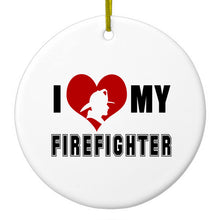 DistinctInk® Hanging Ceramic Christmas Tree Ornament with Gold String - Great Gift / Present - 2 3/4 inch Diameter - I Heart My Firefighter