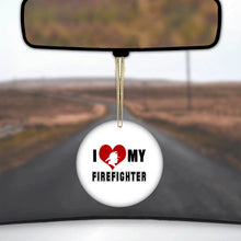 DistinctInk® Hanging Ceramic Christmas Tree Ornament with Gold String - Great Gift / Present - 2 3/4 inch Diameter - I Heart My Firefighter