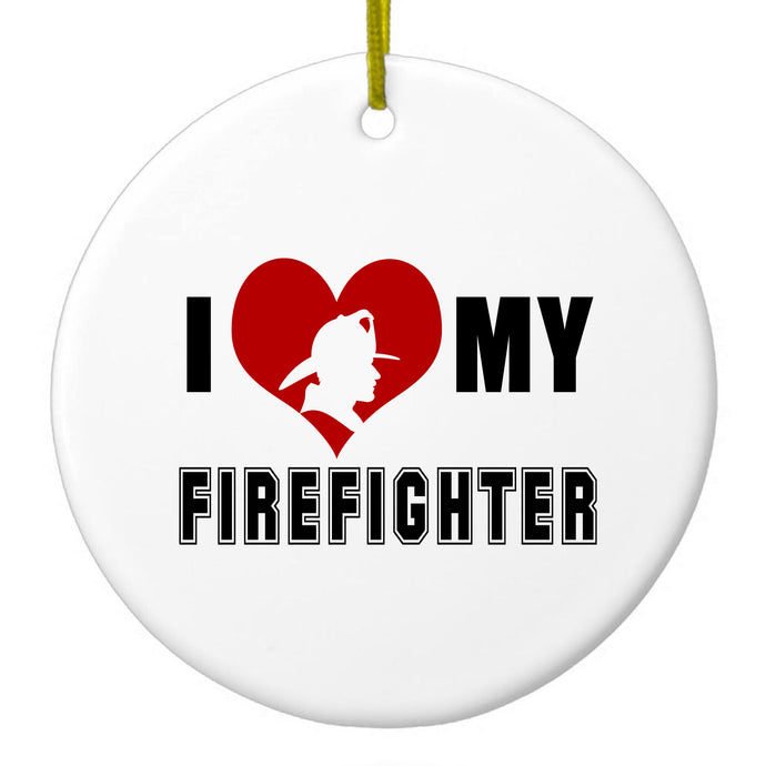DistinctInk® Hanging Ceramic Christmas Tree Ornament with Gold String - Great Gift / Present - 2 3/4 inch Diameter - I Heart My Firefighter