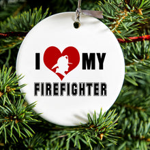 DistinctInk® Hanging Ceramic Christmas Tree Ornament with Gold String - Great Gift / Present - 2 3/4 inch Diameter - I Heart My Firefighter