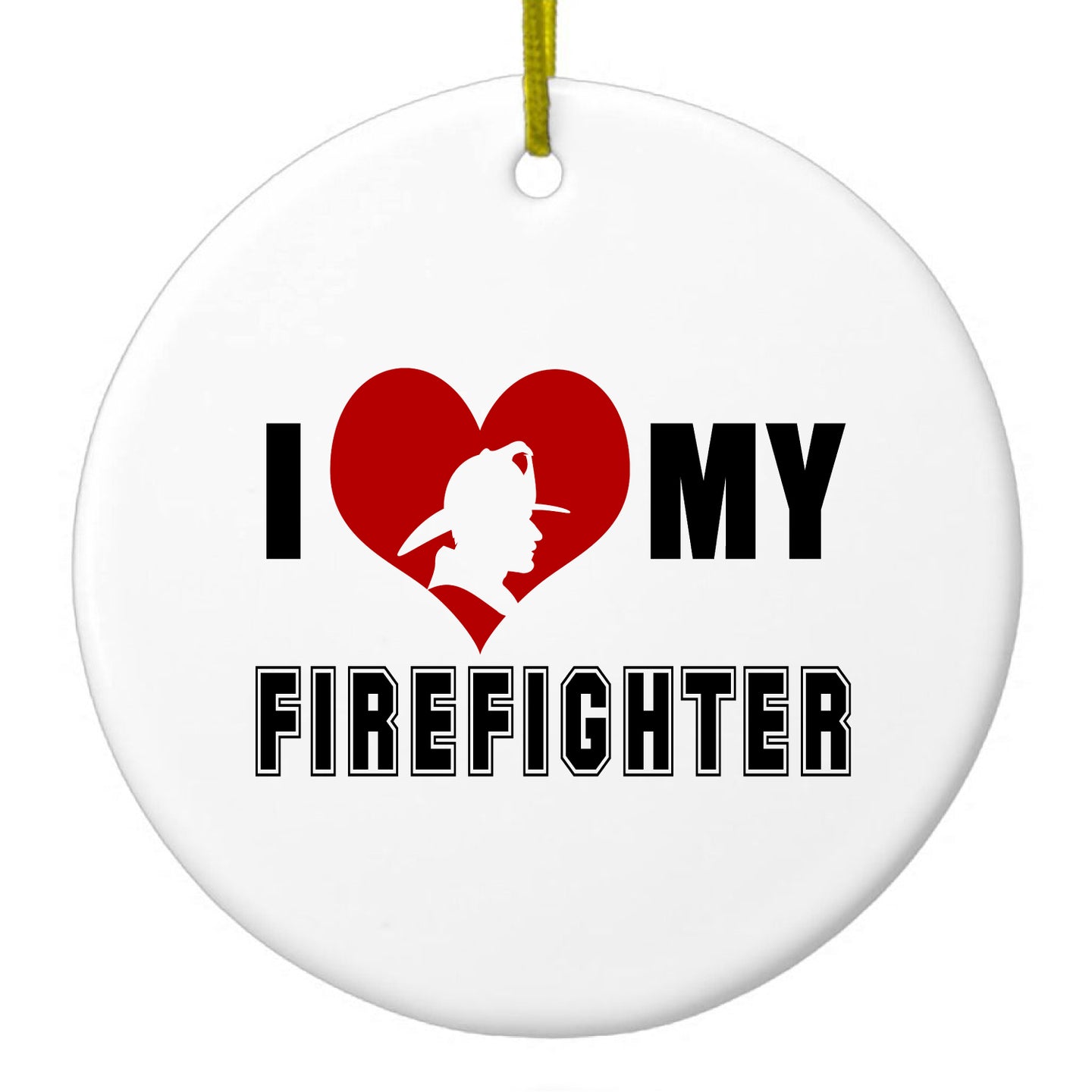 DistinctInk® Hanging Ceramic Christmas Tree Ornament with Gold String - Great Gift / Present - 2 3/4 inch Diameter - I Heart My Firefighter