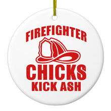 DistinctInk® Hanging Ceramic Christmas Tree Ornament with Gold String - Great Gift / Present - 2 3/4 inch Diameter - Firefighter Chicks Kick ASH