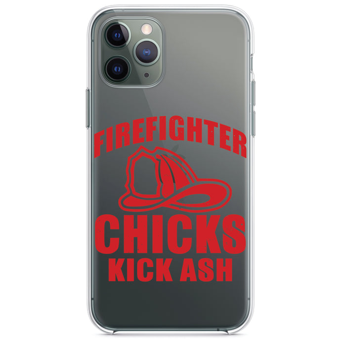 DistinctInk® Clear Shockproof Hybrid Case for Apple iPhone / Samsung Galaxy / Google Pixel - Firefighter Chicks Kick ASH
