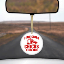 DistinctInk® Hanging Ceramic Christmas Tree Ornament with Gold String - Great Gift / Present - 2 3/4 inch Diameter - Firefighter Chicks Kick ASH