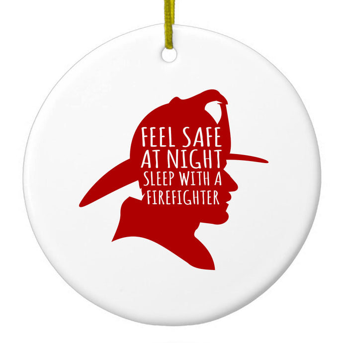 DistinctInk® Hanging Ceramic Christmas Tree Ornament with Gold String - Great Gift / Present - 2 3/4 inch Diameter - Feel Safe at Night Sleep with a Firefighter